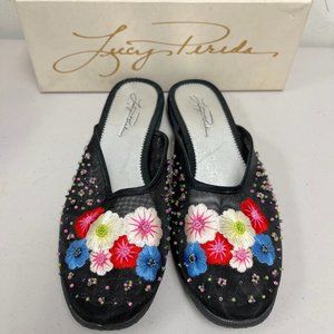 Lucy Pereda black red pink floral embroidered beaded flats mules slides 9 box